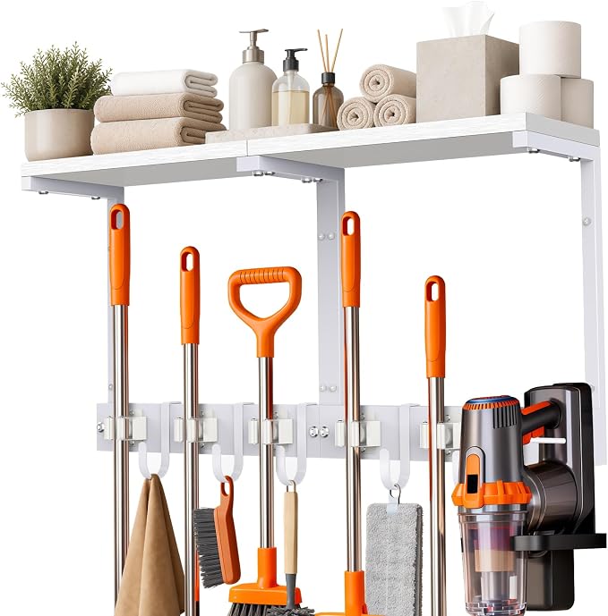 Large Broom Holder Wall Mount with Shelf, Vacuum Organizer, 5 Slots 5 Hooks | White, 3-In-1 Wall Mount Stores Brooms/Mops/Vacuum, Cleaning Supplies With 5 Grippers/5 Hooks And A Sturdy Wooden Top Shelf