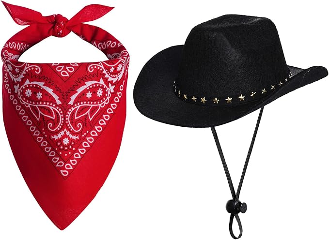 choyaxo Halloween Costumes for Dogs Cat Pet Cowboy Costume Cowboy Hat with Bandana Set for Halloween, Christmas, Holiday, Party, Cosplay (Black, Large)