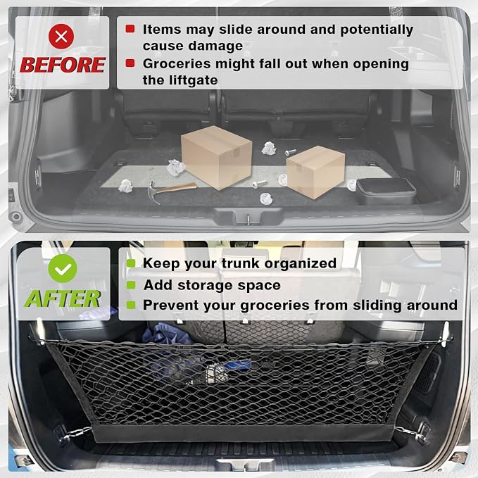 Muslogy Cargo Net for 2025 2026 Toyota 4Runner Accessories | Custom Fit, Trunk Storage Organizer Net for SUV Sedan Van Divider, with Heavy Duty Carabiners, Night Visible Grab Handle