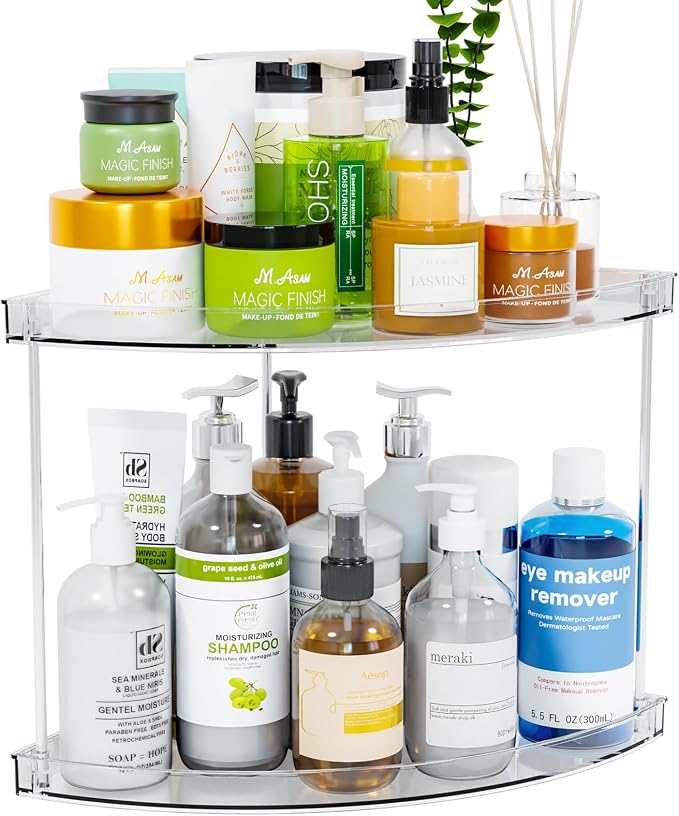 2 Tier Corner Bathroom Counter Organizer,Clear Bathroom Organizers and Storage,Acrylic Bathroom Counter Shelf and Perfume Holder for Skin Care,Makeup,Toiletry Products and Perfume Organizer