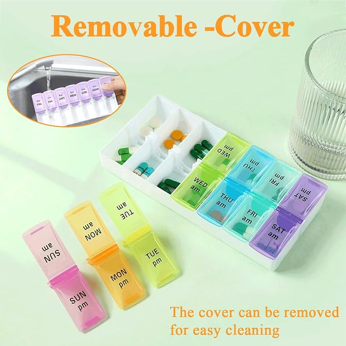 Travel Daily Large Pill Organizer, Weekly Portable Pill Dispenser | Daily Pill Case Box Holder, Elder Medication Planner for Vitamin, Medicine, Fish Oil, Supplements, 14 Compartment, Colorful