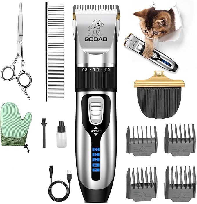 Cat Clippers for Matted Hair, Cordless Low Noise Pet Shaver & Grooming Kit with Paw Trimmer for Dogs and Cats, Professional Detangler for Thick Coats (Silver)