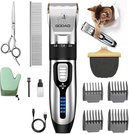 Cat Clippers for Matted Hair, Cordless Low Noise Pet Shaver & Grooming Kit with Paw Trimmer for Dogs and Cats, Professional Detangler for Thick Coats (Silver)
