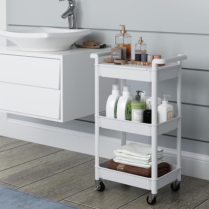 Steehoom 3-Tier Utility Rolling Cart with Cover Top Board, Mobile Utility Cart with Lockable Casters Multi-Functional Storage Trolley for Office, Bathroom, Kitchen, Garden, Laundry Room (White)