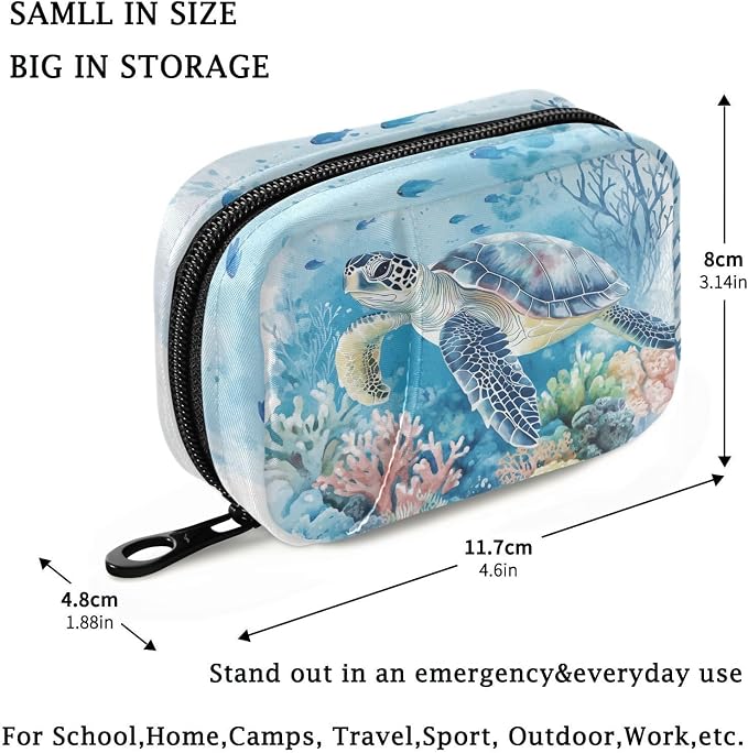Fustylead Watercolor Sea Turtle and Coral Fish Pill Organizers 2 Times A Day Pill Case Bag with Zipper Portable Weekly Pill Dispensers for Vitamin Supplement