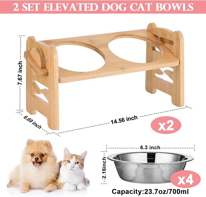 2 Set Elevated Dog Cat Bowls, 15 Tilted Raised Pet Bowl for Puppy and Cats Adjustable Dog Food Feeding Dishes Wood Stand Pet Feeder with Stainless Steel and Non Slip Feet