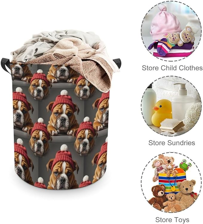 Portable Collapsible Hamper English Bulldog Puppy Dog, Waterproof Laundry Basket with Handles for Bedroom, Bathroom, and Toy Storage