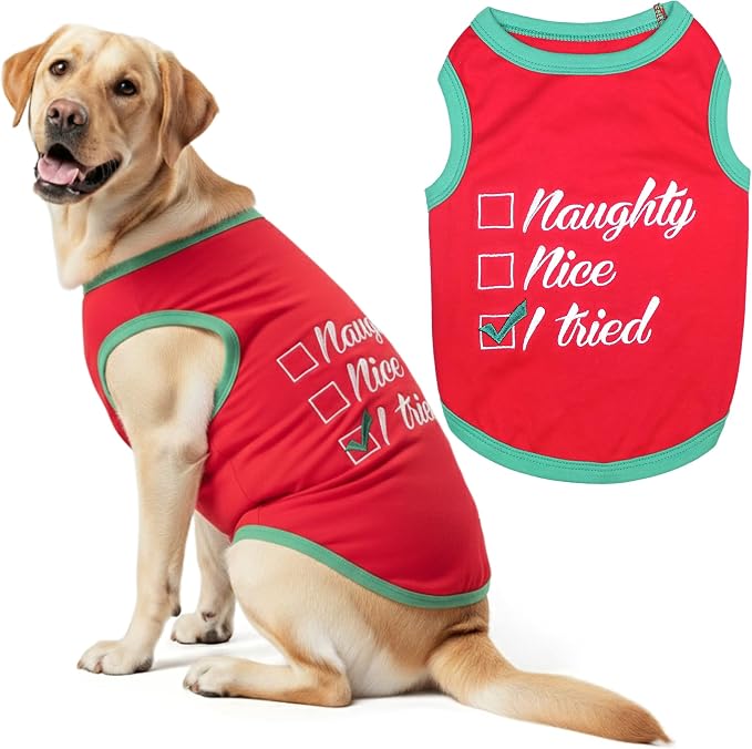 Parisian Pet Dog Christmas Tshirt - Embroidered “ Naughty Or Nice “ Dog Shirt - Lightweight Cotton Doggy Christmas Outfit - Sleeveless Funny Pet Clothes - Shirts for Large Dogs - XL
