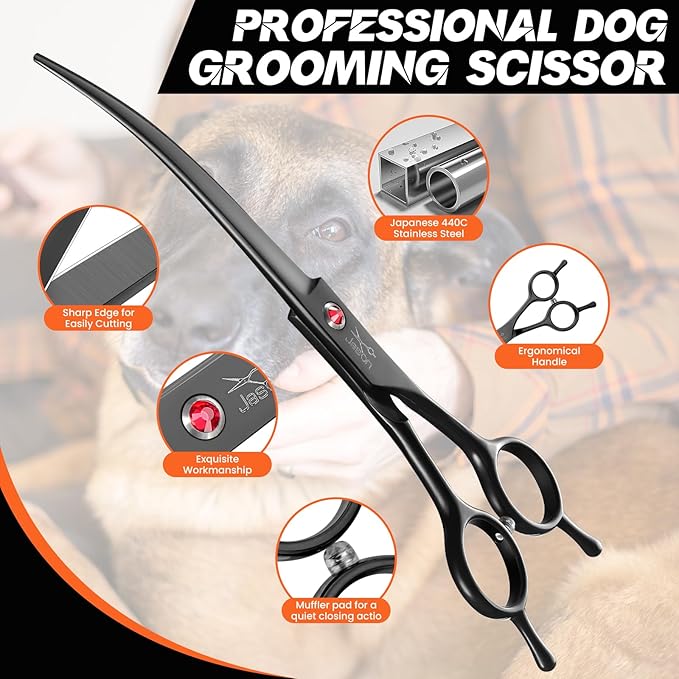 JASON 7" Dog Grooming Scissor - Professional Down-curved Shear with Ergonomic Handle Japanese Stainless Steel Hair Scissor for Dogs, Cats and Other Pets, Sharp (Down-curved, Black) Christmas Gift