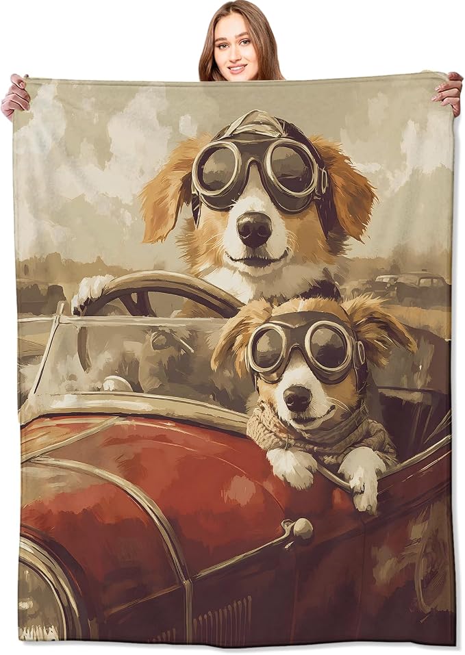 Vintage Corgi Road Trip Blanket Dogs in Goggles Riding Classic Car Throw Blankets,Birthday Gifts for Kids Adult & Retro Lovers,Lightweight Soft Fleece,for Sofa Couch Bed Room Decor 50x60in