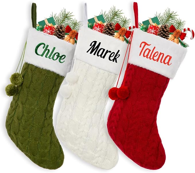 Personalized Christmas Stockings, Custom Name Knit Ball Christmas Stockings, 16" Xmas Stockings Hanging Ornament for Holiday Fireplace Decoration (3 Pcs)