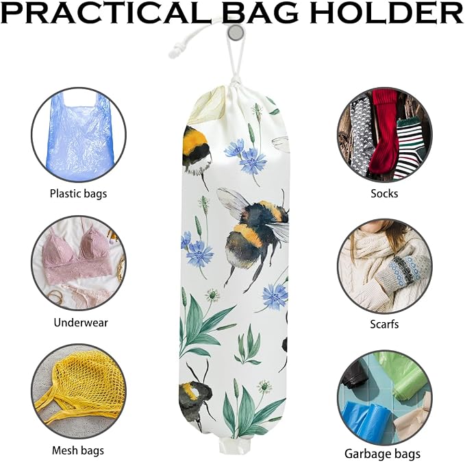 Bee Plastic Bag Holder, Summer Floral Grocery Bag Holder for Plastic Bags | Wall Mount Washable Grocery Bags Storage Dispenser for Home Kitchen Pantry Farmhouse, Bee Gifts for Women Mom