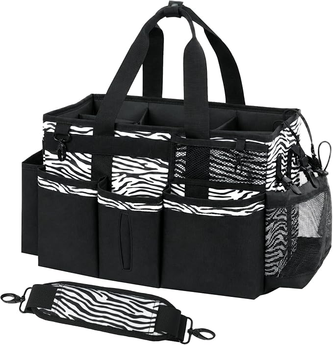 SCAVATA Wearable Cleaning Caddy, Cleaning Caddy Supplies Organizer with Handle & Shoulder Straps for Housekeepers, Under Sink & Car Cleaning Tool Organizers Bag with 4 Foldable Divider (ZebraStripe)