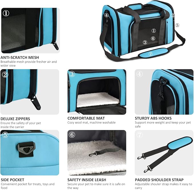 Henkelion Pet Carrier for Small Medium Cats Puppies up to 15 Lbs, Airline Approved Small Dog Travel Puppy Carrier Soft Sided, Collapsible - Blue (Pack of 2)