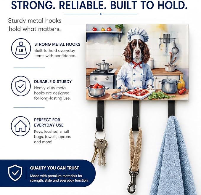 Caroline's Treasures English Springer Spaniel The Chef Leash or Key Holder Wall Hooks, Key Hooks Holder, Coat Rack Wall Mount, Coat Hooks, Hooks for Hanging Keys, Towels, Aprons, Leashes | English Springer Spaniel The Chef artwork on ceramic tile with ...
