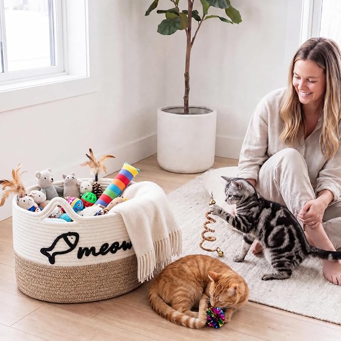 Cat Toy Basket with Cat Ear Handles, 15 x 11 x 9 in Woven Cats Toy Bin, Large Two-tone Cotton Rope Storage Box, Meow Words Organizer for Toys, Blankets, Home Decor (White, Linen)