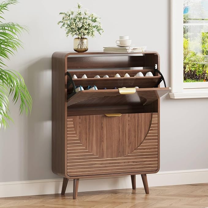 Shoe Storage Cabinet with 2 Flip Drawers for Entryway, 27.5" Freestanding Hidden Shoe Rack Cabinet, Narrow Shoe Organizer for Hallway, Foyer, Walnut