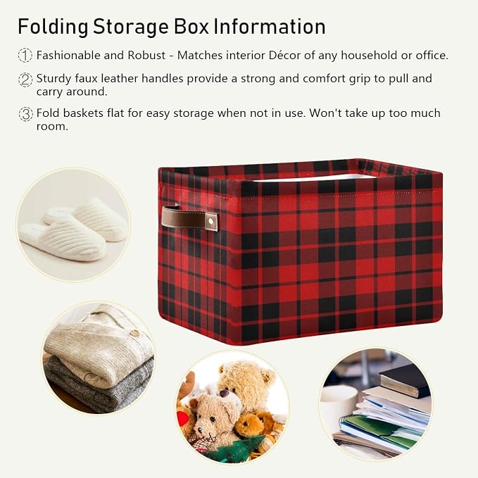 AUUXVA Storage Basket Red Black Christmas Buffalo Plaid Check Storage Cube Box Durable Canvas Collapsible Toy Basket Organizer Bin with Handles for Shelf Closet Bedroom Home Office