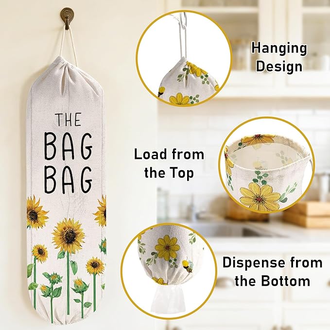 2Pcs Sunflower Plastic Bag Holder for Kitchen Essentials, Reusable Hanging Grocery Bag Organizer, Sunflower Gifts for Women, Washable Large Grocery Trash Bags Storage Dispenser