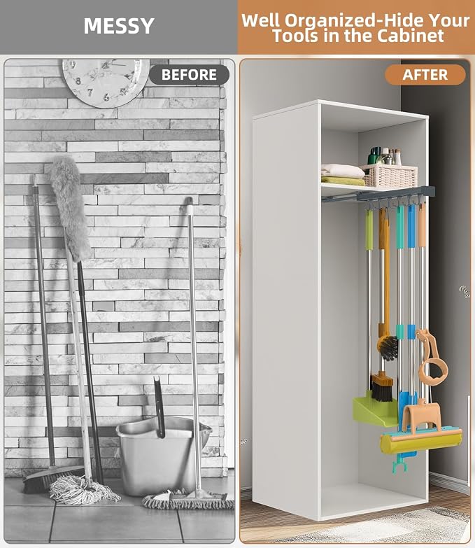 Pull Out Broom Holder With Adjustable Double Row Sliding Hook -Grey 14.17in | High Load Capacity, Multifunctional Slide Broom And Mop Storage/Garage Organization Hooks, for Closet Laundry, kitchens