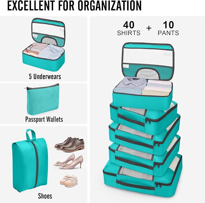Veken 10 Set Packing Cubes for Travel Essentials, Suitcase Organizer Bags in 4 Sizes, Carry-On Luggage Accessories with Laundry Bag, Airplane Must Have with 99-Count Mesh Holes