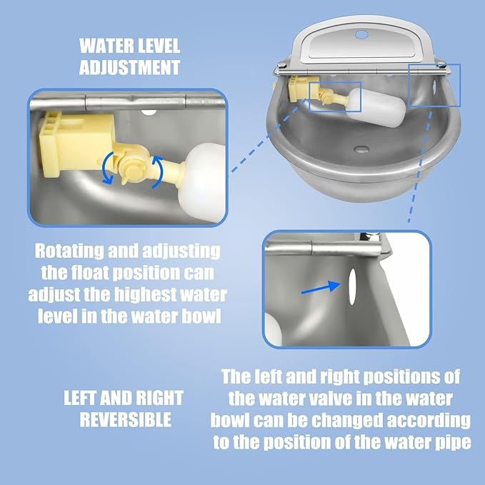Automatic Animal Drinking Water Bowl with Float Valve, Extended Pipe, Stainless Steel Waterer Feeder Farm Dog Dispenser Kit Self Filling for Livestock