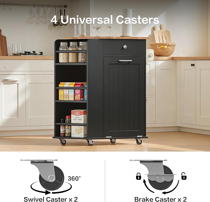 Kitchen Island, Island Table for Kitchen, Kitchen Carts on Wheels with Storage, Hidden Tilt Out Trash Cabinet