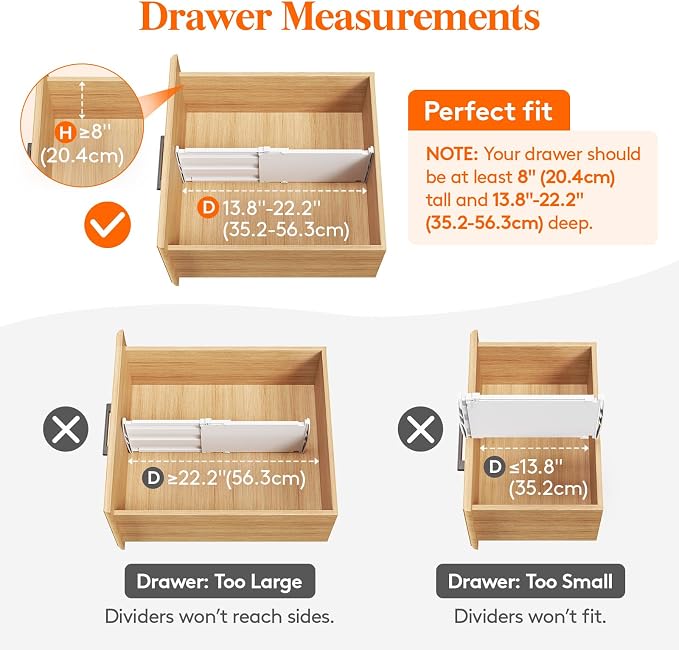 Lifewit 8" Tall Drawer Dividers, Adjustable Deep Drawer Organizer Clothes | 6 Pack 13.8"-22.2" Expandable White Plastic Separators for Dresser, Kitchen, Cabinet, Closet, Office Organization & Storage