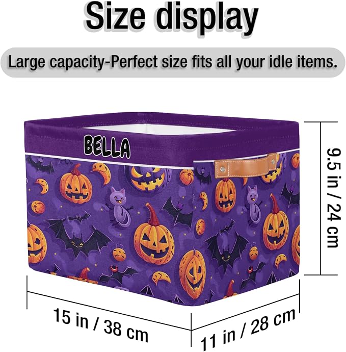 Custom Name Storage Bin, Personalized Rectangular Storage Basket with Handles for Organizing Girls Toys Office Closet Shelf Baskets Halloween Pumpkin Bat Cat Stars Purple