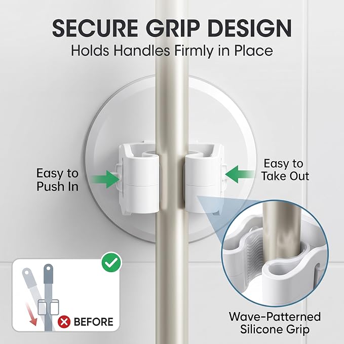 Broom Holder Wall Mount Adhesive 3 Pack Mop Holder Wall Mount, Broom Gripper, Broom and Mop Organizer Wall Hanging, No Drill Broom Hanger for Bathroom, Kitchen, Laundry Room, Garage Holds up to 4 lb