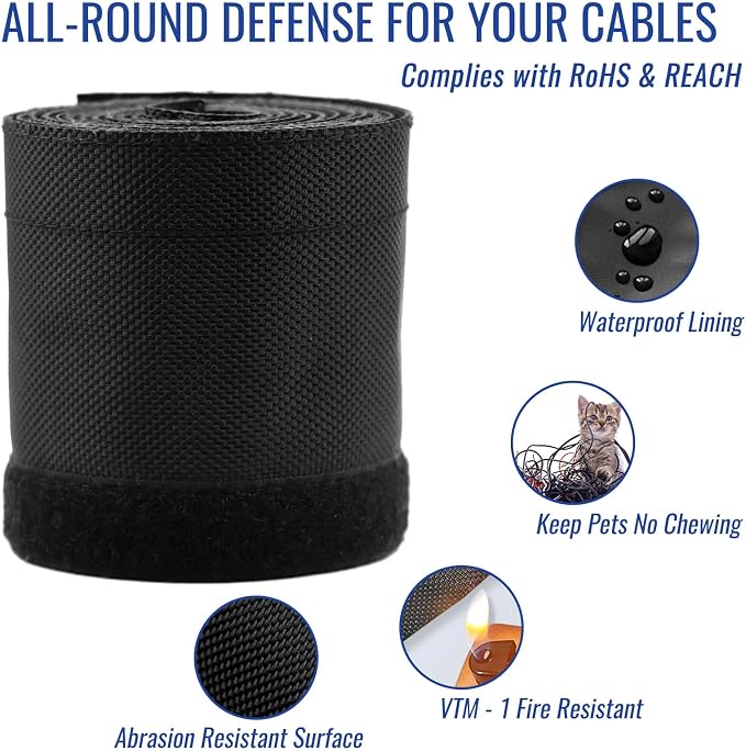 3/4" - 6.6 Ft Dog/Cat Cord Protector, Hook and Loop Cable Sleeve | Cable management sleeve; Reversible, flexible & cuttable; Split wire wrap for TV, USB, audio, computer and automotive; Black