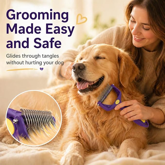 Dog Dematting Comb for Matted Hair, 9+17 Teeth 2-Step Detangler, Stainless Steel Undercoat Rake with Flea Comb, 3-in-1 Grooming Tool for Long-Haired Dogs