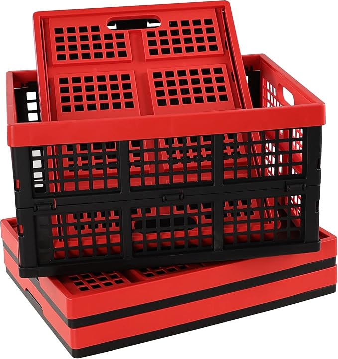 Ramddy 34 Quart Collapsible Storage Crate, Plastic Stackable Crate, 4 Pack | Folding Basket Container Bins