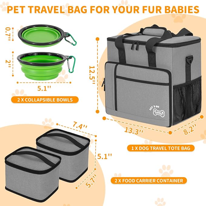 TORIBIO Large Dog Travel Bag for Supplies with Food Bowl | With 2 Food Container and Collapsible Bowls, Mat & Divider, Water-resistant, Pet Travel Kit for Weekend, Road Trips, Camping
