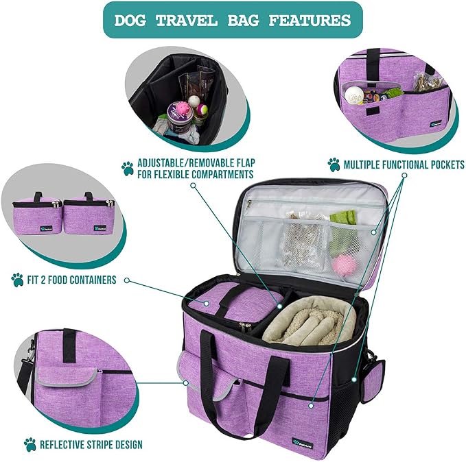 PetAmi Dog Travel Bag Organizer, Pet Supplies Tote Diaper Bag, Purple Large | Pet Travel Kit with 2 Food Containers & 2 Collapsible Dog Bowls, Luggage Sleeve, Weekend Getaway Road Trip Camping Essentials