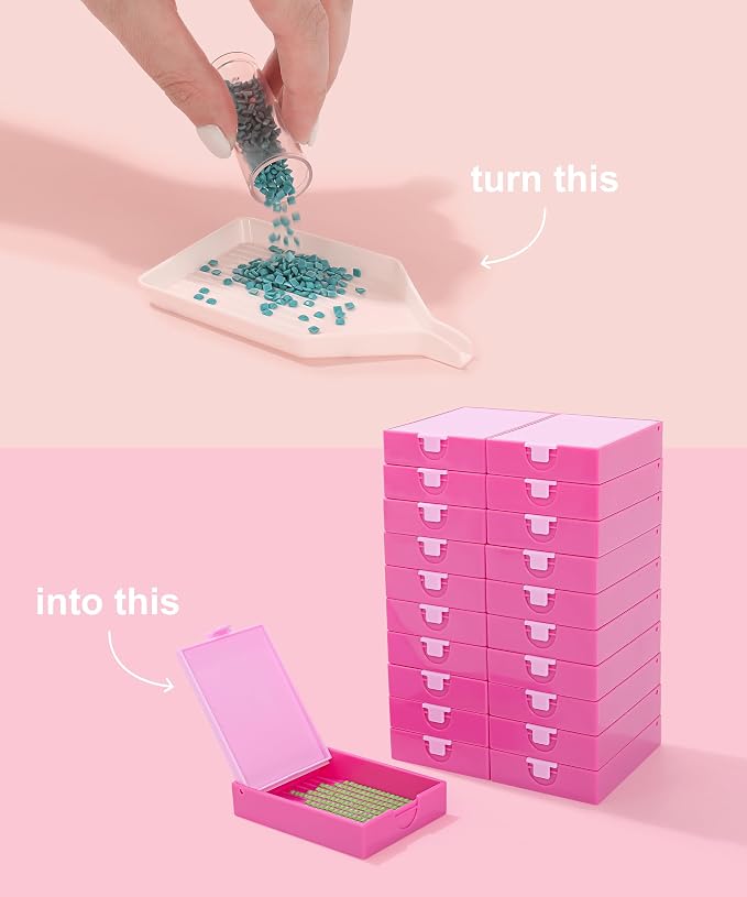 CATEARED 2-in-1 Diamond Art Storage Containers,Anti-static Diamond Art Trays With Lids Diamond Art Accessories, 2-in-1 Storage, Bead Storage & Line-Up, Box Package (Pink, 20 piece Tray Kit)