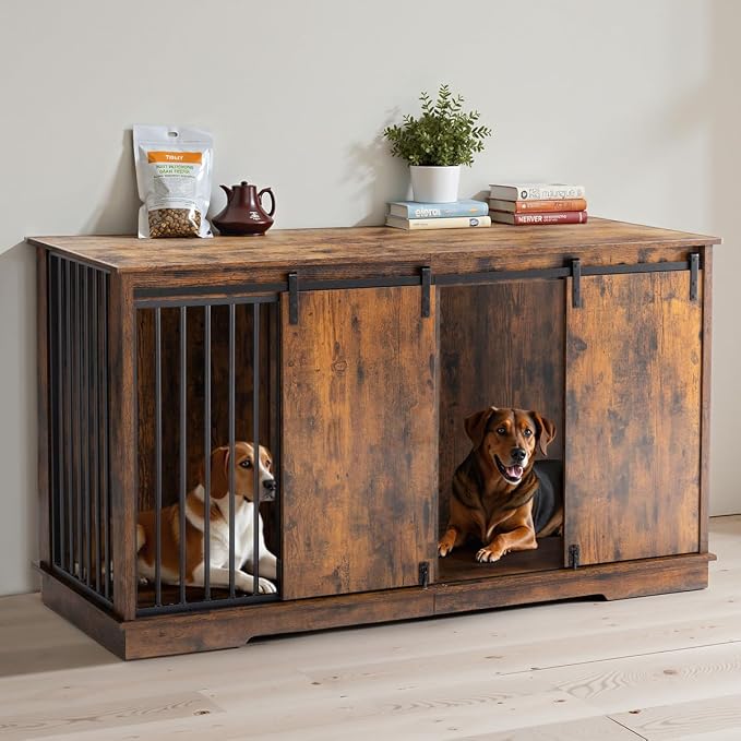 Dog Crate Furniture for 2 Dogs, 60.6 inch Extra Large Wooden Dog Kennel Furniture with Removable Divider and Double Sliding Doors, TV Stand, Side Table, Brown
