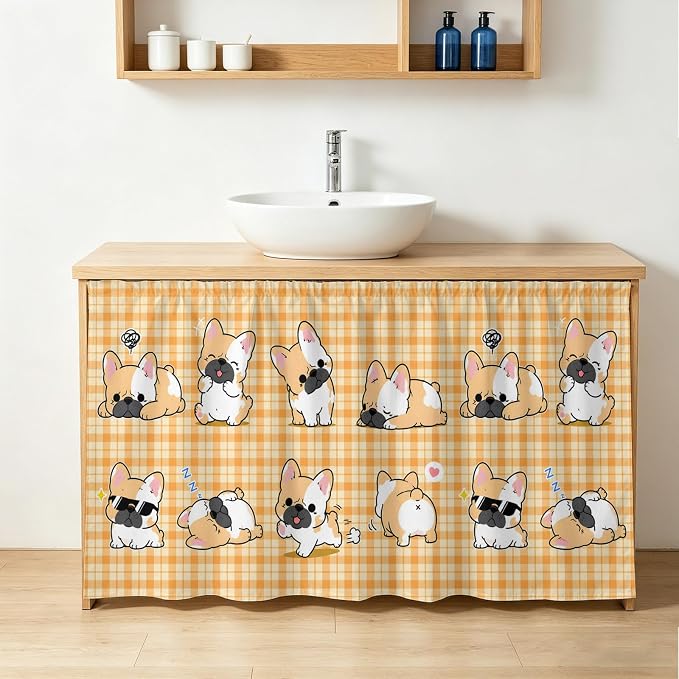 Cute Puppy Sink Skirt for Bathroom, Self-Adhesive Under Sink Curtain, Orange Beige Plaid Modern Funny Dogs Pet Hide Pipes & Storage Fabric Cabinet Skirt Cover for Kitchen Laundry 32"x55"