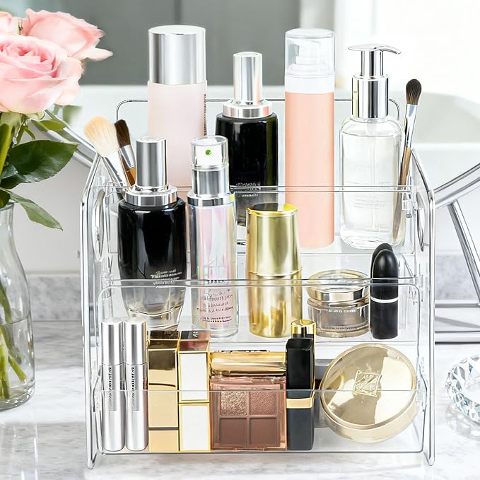 3-Tier Bathroom Counter Organizer – Storage Shelf for Makeup, Perfume & Skincare, Makeup Perfume Tray Skincare Organizer Fits Bathroom, Dresser, Kitchen (Clear)
