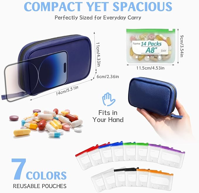A8 Weekly Waterproof Pill Pouch Set, Reusable Weekly Pill Organizer with 14 Coded AM PM Pouches, Compact Portable Vitamin Supplement Storage Case for Travel Purse Daily Use