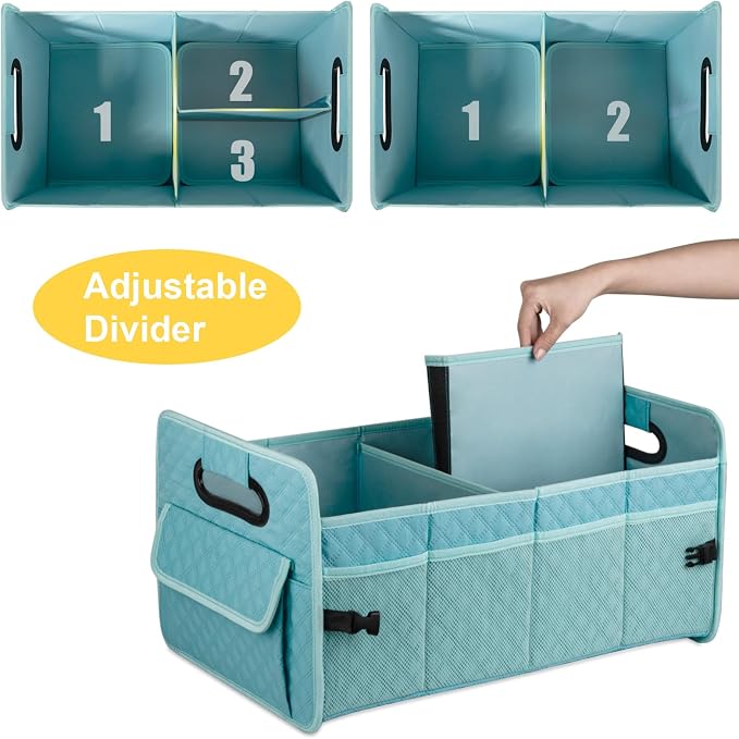 Car Trunk Organizer for SUV, Collapsible Car Storage Organizer Lake Blue | Sturdy, Large Capacity, Diamond Decor, Multi Compartment Container Box Adjustable Car Accessories for Sedan Truck