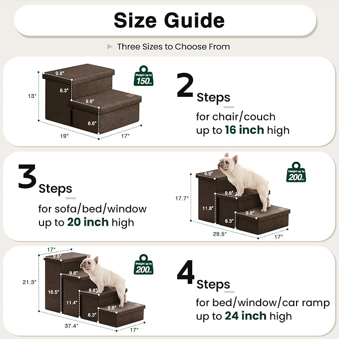 Love's cabin Dog Stairs for High Bed, Foldable Pet Stairs for Small Medium or Large Dogs Puppy with Storage for Bed or Couch, Cat Dog Steps Ramp with Zip up to 200 lbs, Coffee, 4 Steps