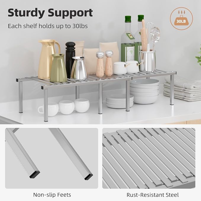 STORAGE MANIAC Expandable Cabinet Organizer Shelf, Set of 4, Gray | 15.8 inches Expandable, Stackable Wire Shelf, Spice Rack, Metal Pantry Storage for Plate Dish, Kitchen Counter Shelves