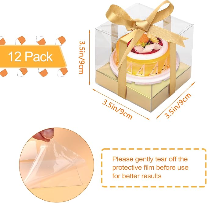 12 PCS Clear Cupcake Boxes 3.5 Inch Cupcake Containers (Gold) | Disposable Cupcake Carrier Plastic Individual Cupcake Storage Holder with Ribbons and Inserts for Wedding, Birthday Party