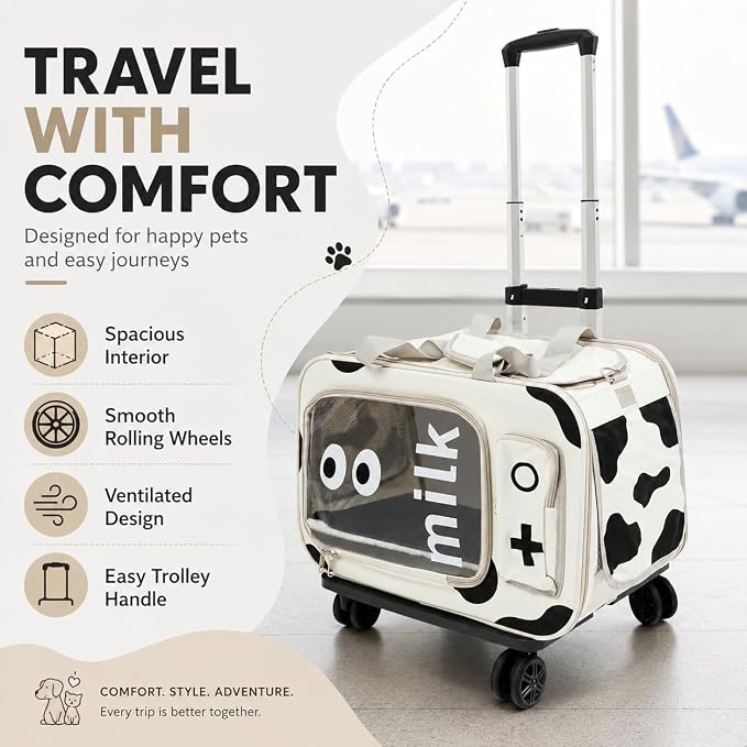 Pet Carrier with Wheels,Steel Wire Frame Cat Carrier,with Upgraded Wheels and Telescopic Handle,for Car Travel Bus Subway, Beige