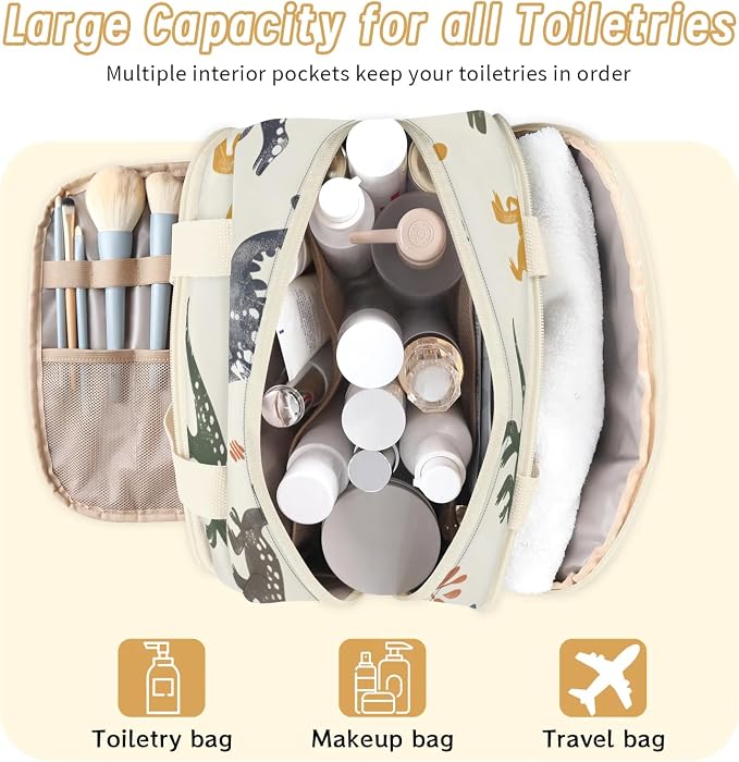 Cute Dinosaurs Footprints Travel Toiletry Bag with Handle | Wet & Dry Separation, Full-Size Bottle Friendly, Leak-Proof, Waterproof, Easy to Clean, for Travel, Gym, Home