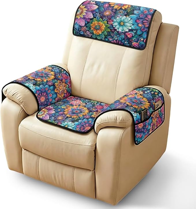 4-Piece Mandala Floral Recliner Slipcovers with Arms Non Slip | Quilted Recliner Furniture Protectors Side Pockets Armchair Slipcovers Soft Reclining Chair Cover,Machine Washable