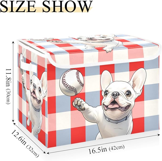 Dog Baseball Fabric Storage Bins with Lid Closet Storage Basket 40L | Decorative Storage Boxes, 300D Oxford Cloth, Hollow Board Frame, Flip Top Velcro Lid, 16.5x12.6x11.8 inch, Collapsible Design