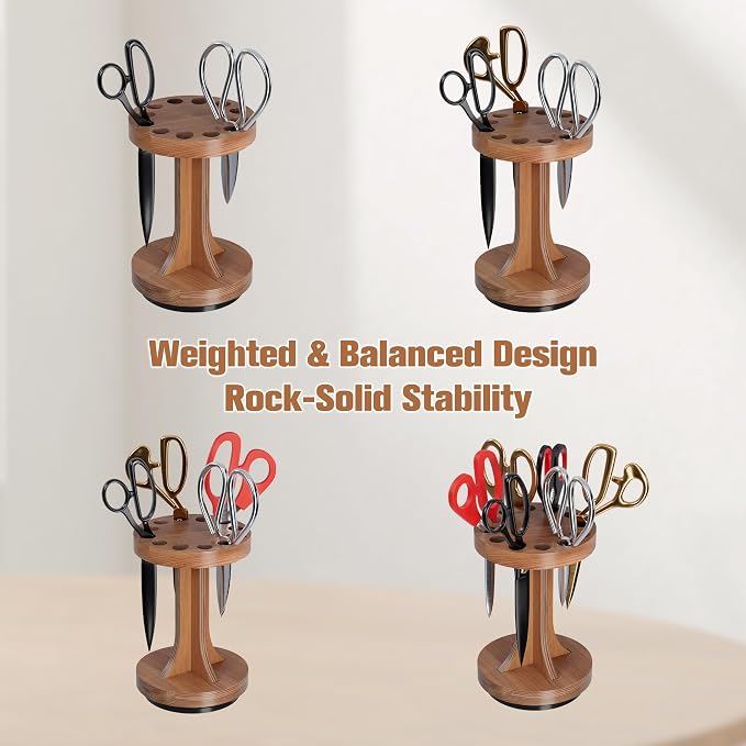Rotating Scissor/Shear Holder, 12 Mixed-Size Slots for Sewing | No Assembly Required, Custom Fit for All Shears, 360° Swivel Base, Wooden Craft for Sewing, Kitchen & Pets