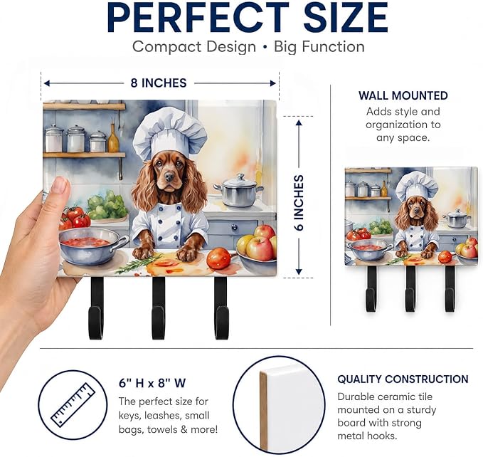 Caroline's Treasures Cocker Spaniel The Chef Leash or Key Holder Wall Hooks, Key Hooks Holder, Coat Rack Wall Mount, Coat Hooks, Hooks for Hanging Keys, Towels, Aprons, Leashes | Cocker Spaniel The Chef artwork on ceramic tile with three steel hooks fo...